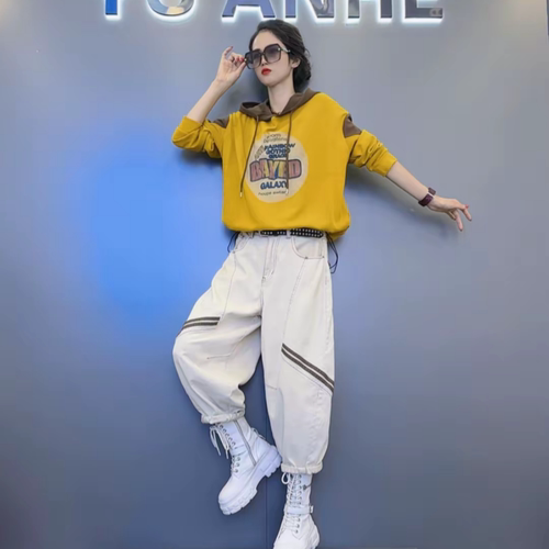 字母印花卫衣+休闲哈伦裤两件套