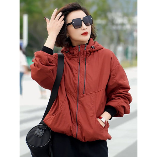 加棉加厚双拉链连帽棉服女