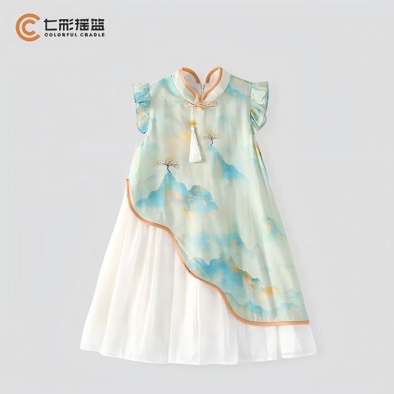 七彩摇篮女童汉服旗袍名族国风夏新款儿童装假两件中式唐装连衣裙