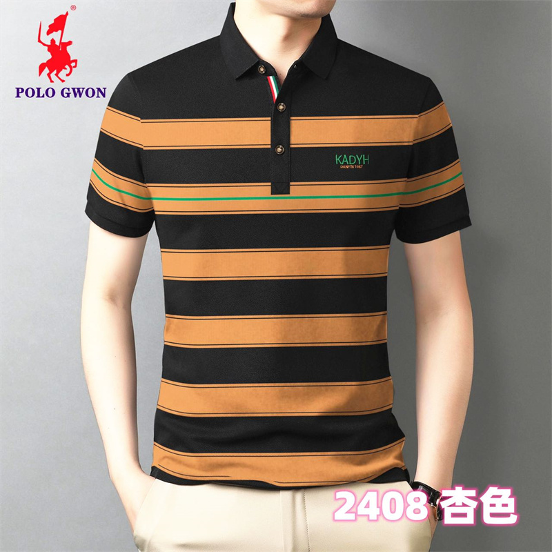 POLOGWON 2408男士短袖polo衫撞色寬條紋彩條體恤上衣刺繡有領(lǐng)t恤