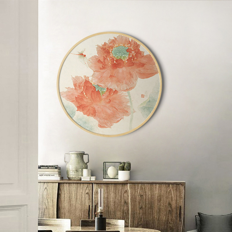 极速玄关a装饰画实木圆形画新中式粉红 荷花客厅挂画餐厅圆框画工