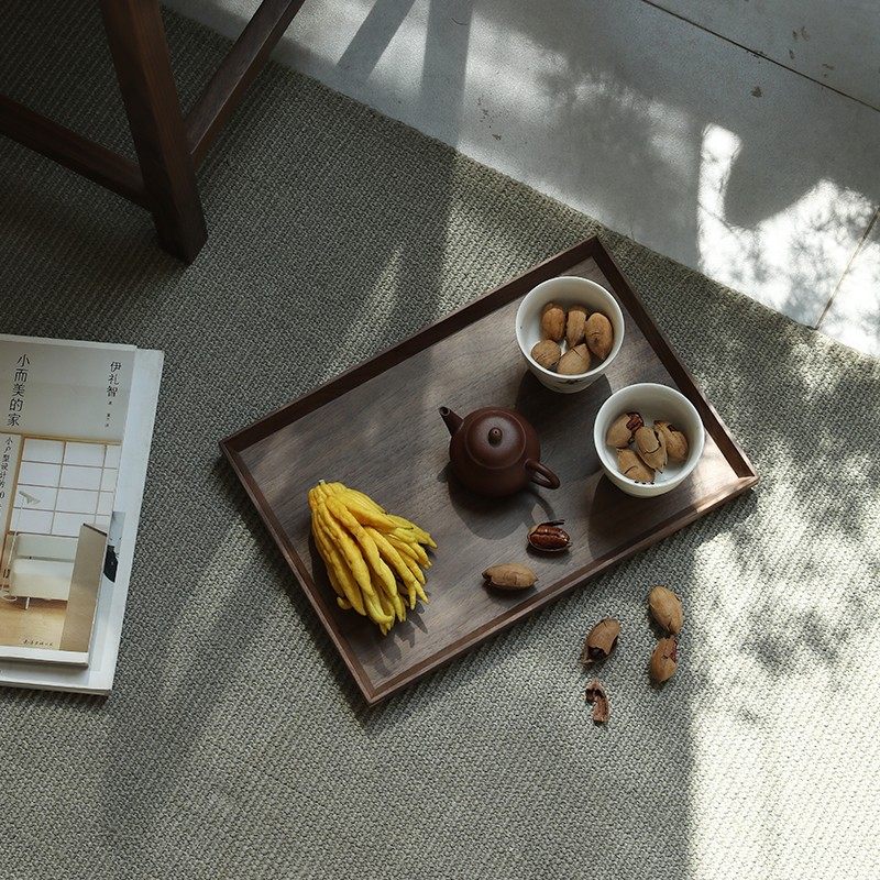 极速璞木新中式实木茶盘黑胡桃圆边托盘 长方形餐V盘点心盘整木简