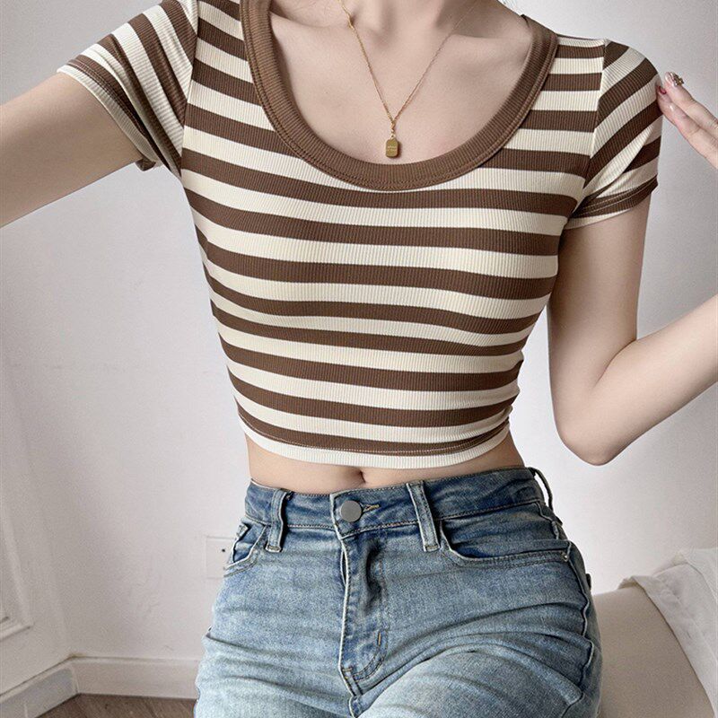 极速条纹撞色短袖t恤女p带胸垫2025新款夏季修身圆领薄款正肩短款