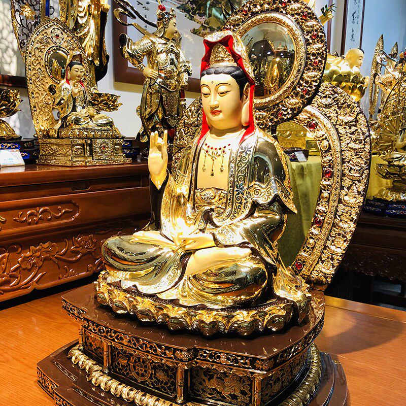 极速56台e湾纯铜鎏金观世音菩萨观音像西方三圣家居观音佛像家用