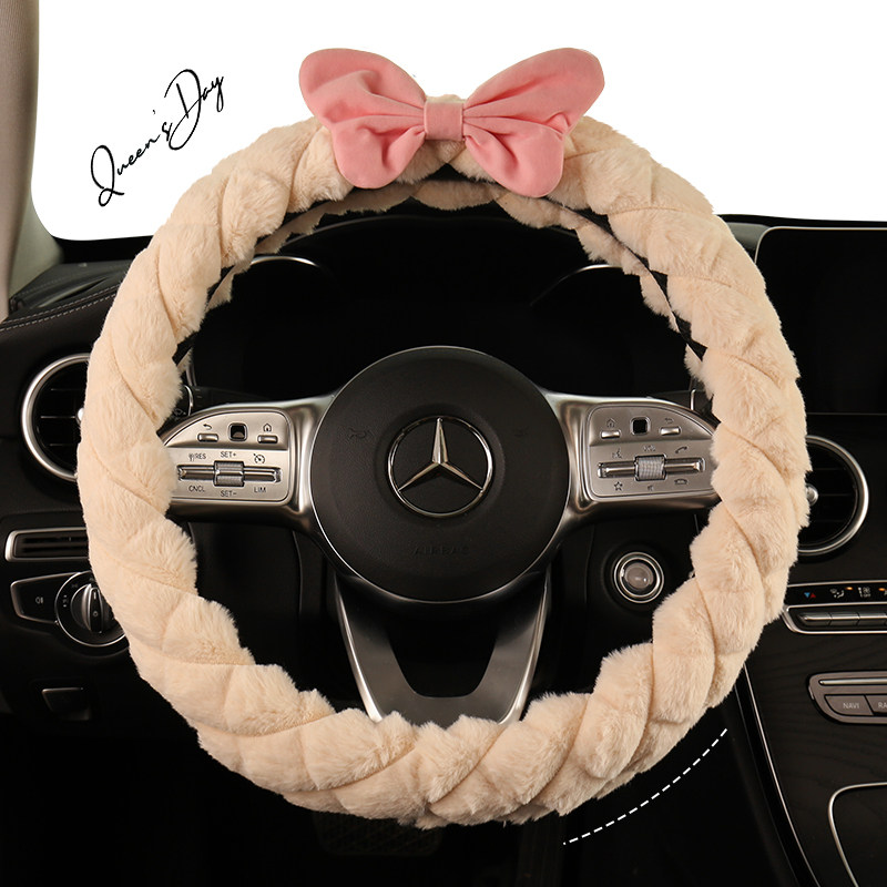 新品毛绒汽车方向j盘套冬季短毛绒保暖简约刺绣可爱保护套男女通