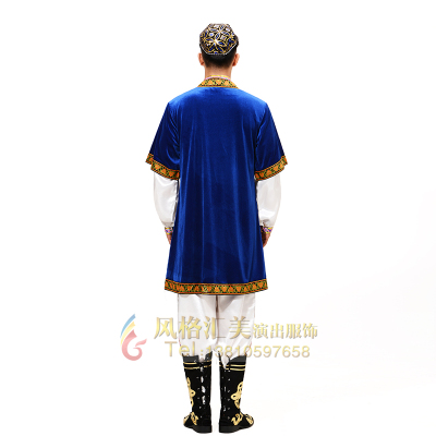 极速新款新疆舞蹈l服装男蓝色少数民族舞蹈维吾尔族演出服饰舞台