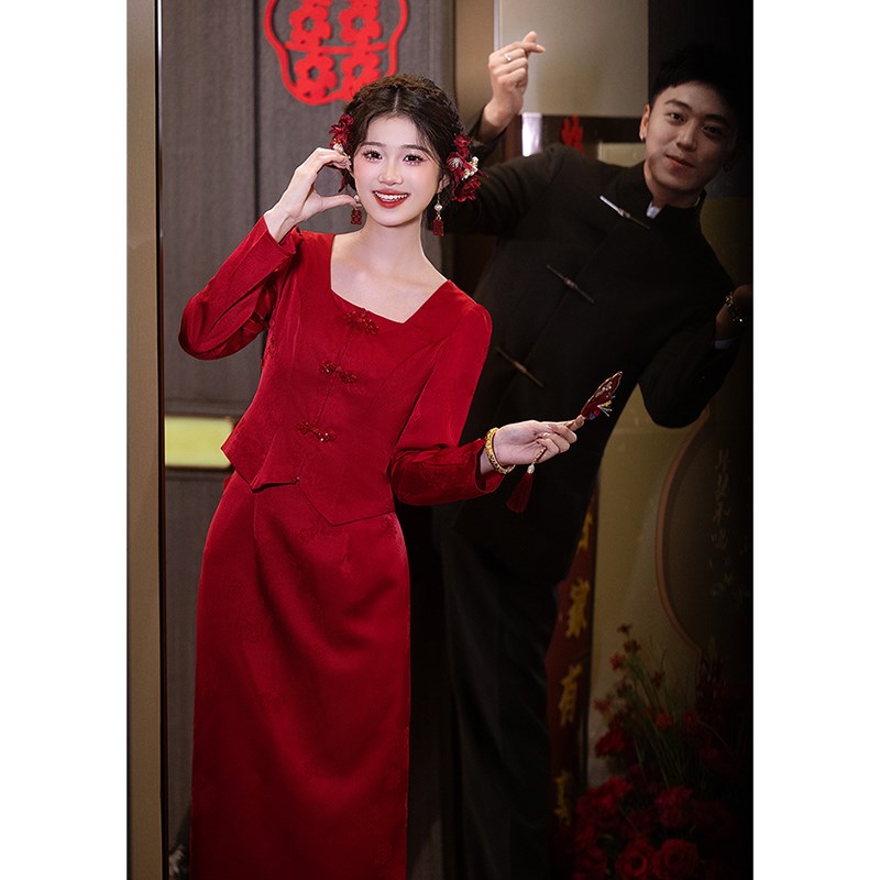 新中式红色旗袍敬酒服新s娘套装长袖订婚礼服裙结婚回门便装秋冬
