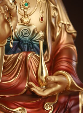 极速观音菩萨家用坐莲观音佛w像纯铜观世音铜像娑婆三圣客厅中式