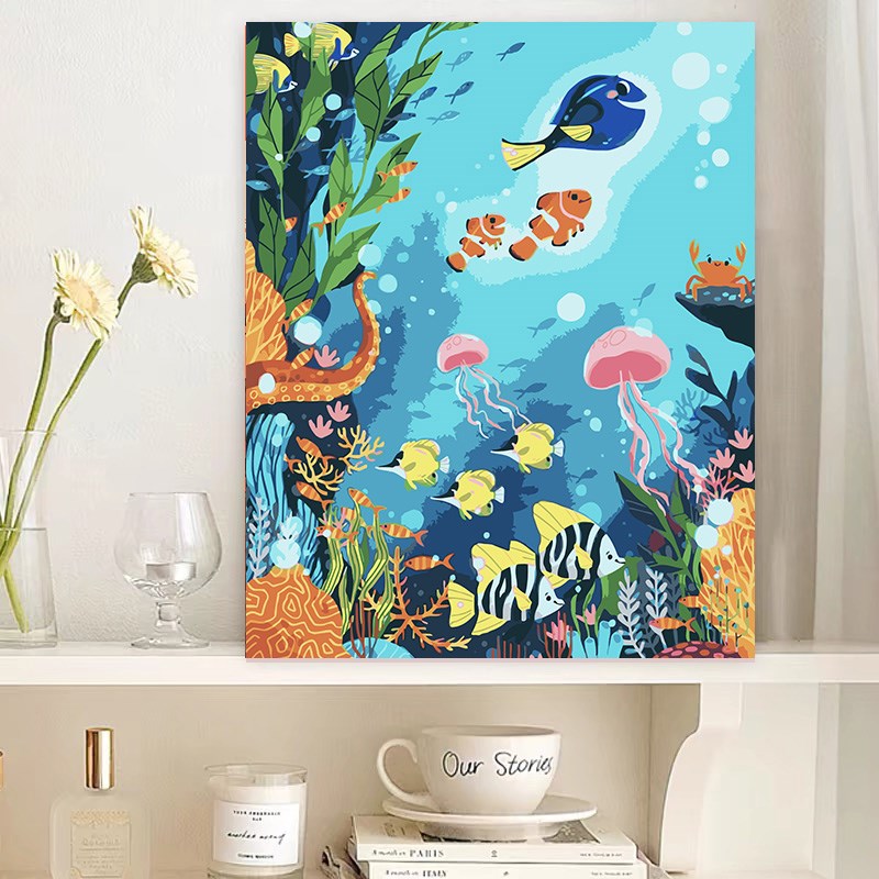 数字油画diy手k工填充海底世界一群小鱼手绘涂色装饰画丙烯油彩画图片