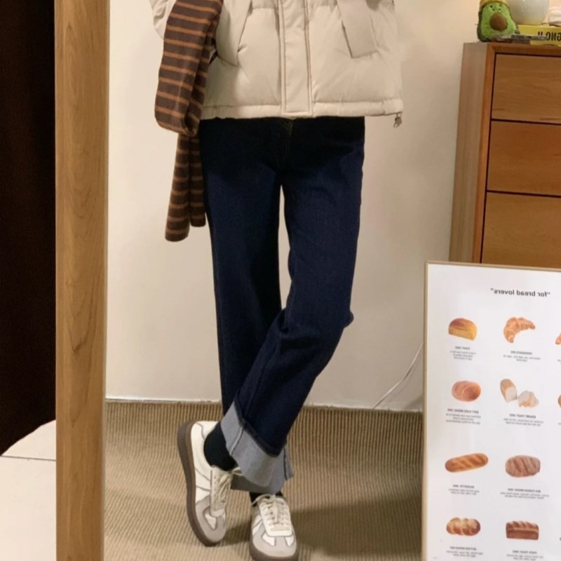 直筒牛仔裤女高腰秋冬加绒2024新款阔腿胖mm九分裤子过冬保暖穿搭