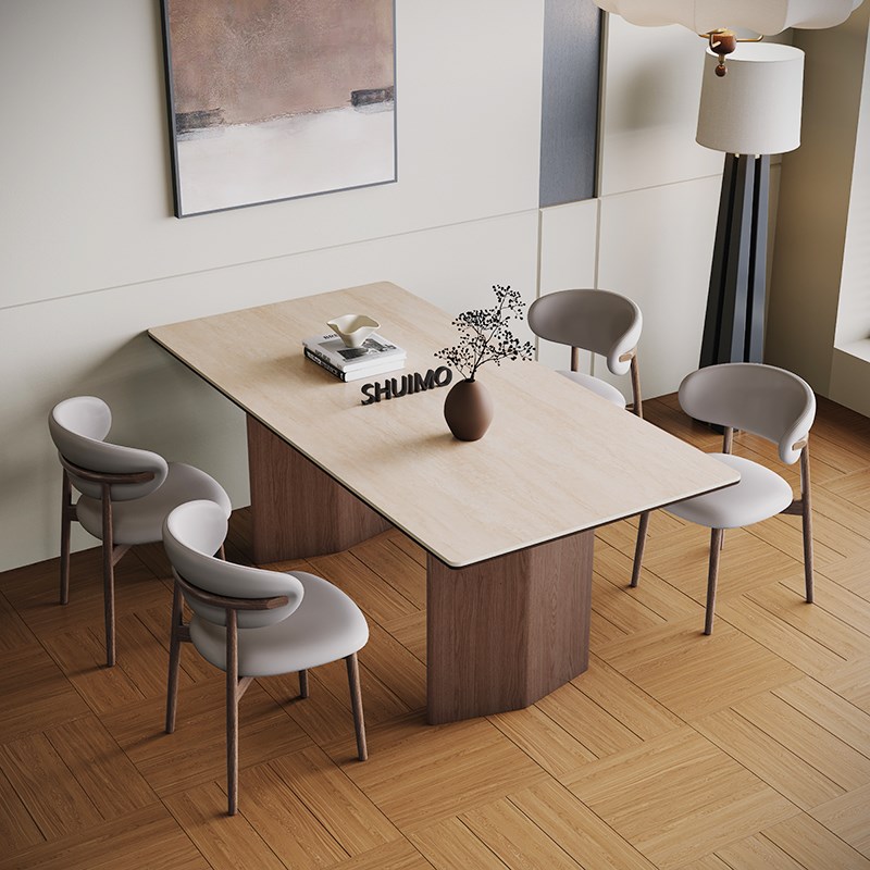 法式奶油复古风实木德利丰岩板家用黑色圆形饭桌胡桃色旋涡桌椅子