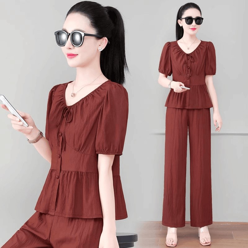 时尚复古气质套装女小个子2024夏季新款时髦洋气显瘦阔腿裤两件套