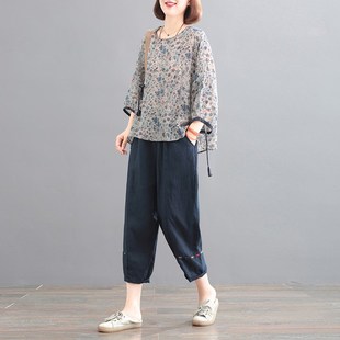 棉麻棉绸套装女中年妈妈夏装2024新款时尚洋气大码高端亚麻两件套