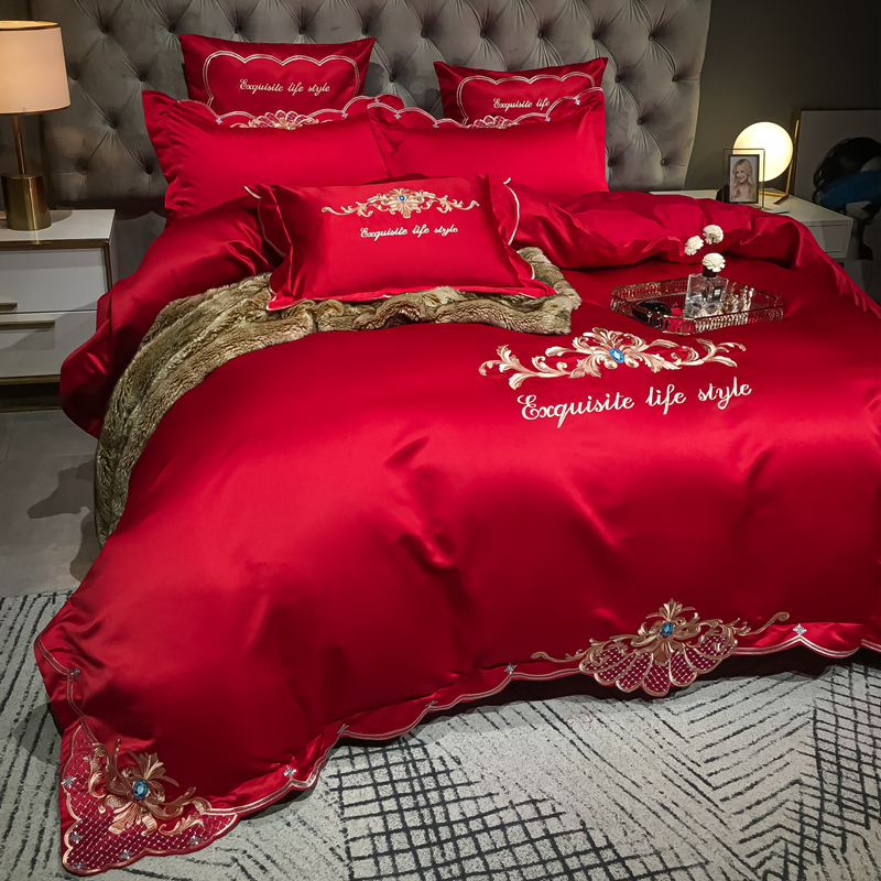 高档欧式全棉婚庆四件套纯棉大红色床单刺绣被套喜被结婚床上用品