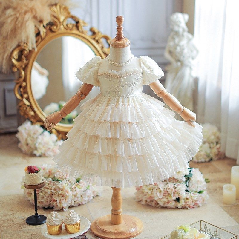 女童公主裙夏季儿童小众轻奢泡泡袖蛋糕裙洋气女孩白色礼服连衣裙
