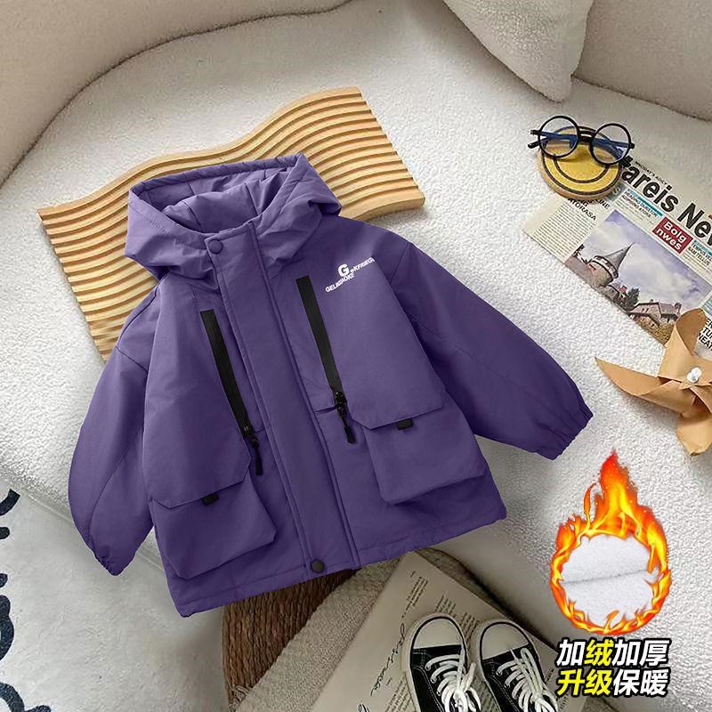 男童加绒加厚棉服外套宝宝冲锋衣冬装儿童上衣小童连帽男孩风衣潮