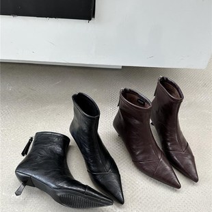 3CM低跟短靴女加绒女靴2024年新款高跟鞋尖头细跟软皮职业工作靴