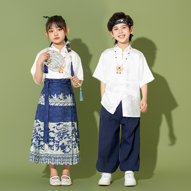 汉服女童马面裙套装中国风儿童合唱服中秋节新中式男童唐装表演服