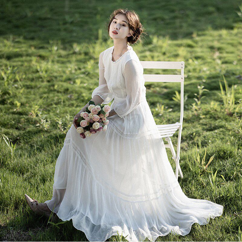 【白芷】白色连衣裙女夏2025新款圆领雪纺长裙蕾丝仙女裙子