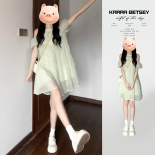 2025新款小个子露肩挂脖吊带绿色连衣裙子女夏季法式初恋仙女短裙