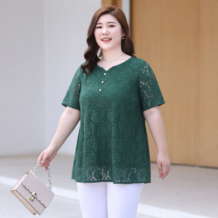 Q胖妈妈蕾丝打底衫薄款2024新款夏装大码女装胖mm中长款上衣洋气
