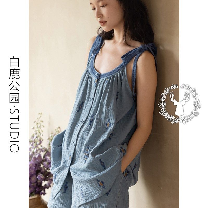 夏日法式纯棉纱布吊带睡衣女款2025新款夏大码亲肤短裤家居服套装,女士内衣/男士内衣/家居服,睡衣/家居服套装,淘宝优惠券,粉丝福利购,淘宝优惠卷