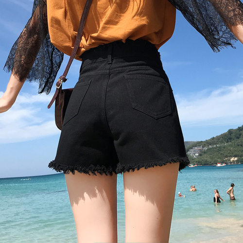 黑色高腰牛仔短裤女夏季2021新款宽松阔腿显瘦网红毛边百搭热裤子