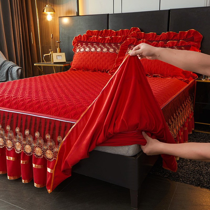 2024新款床裙床笠带裙边可拆卸床罩三件套单件红色加厚蕾丝边床套,床上用品,床裙,淘宝优惠券,粉丝福利购,淘宝优惠卷