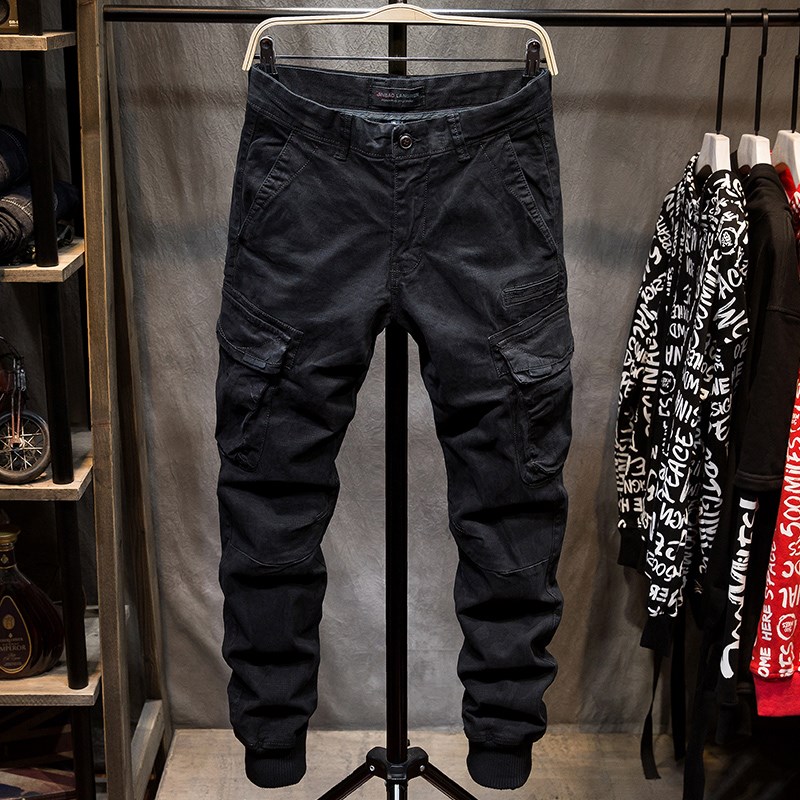 春秋免烫牛仔裤男修身潮牌束脚裤黑色休闲工装百搭裤子男韩版潮流