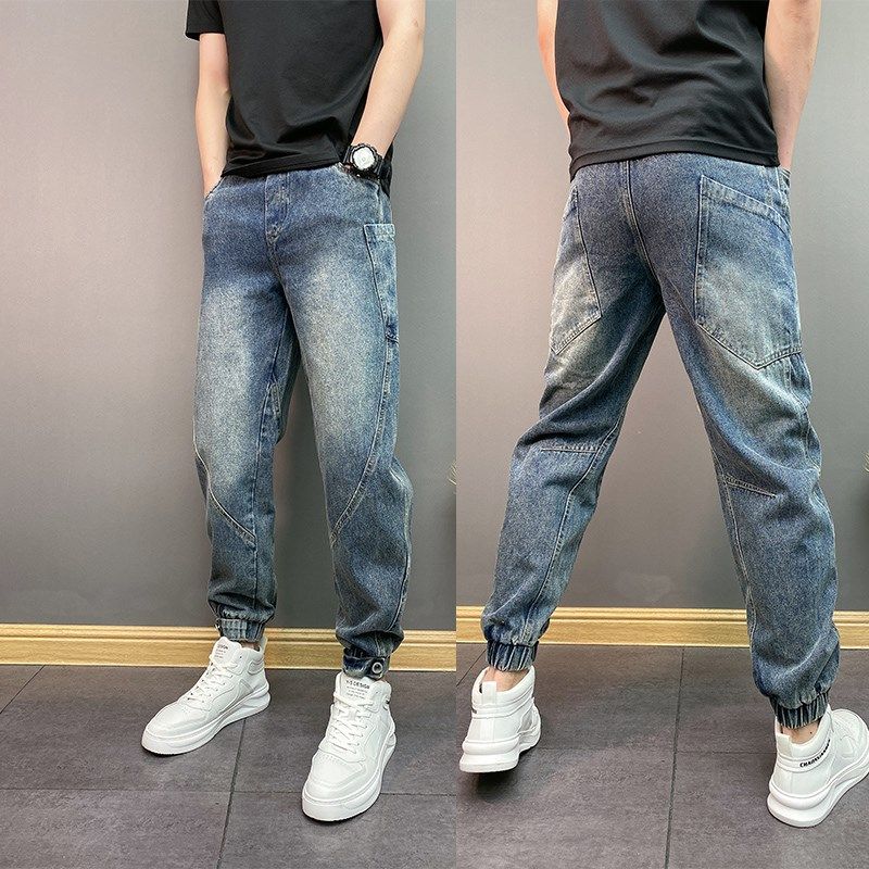 裤子男春秋时尚百搭宽松潮流水洗磨白牛仔裤潮牌大口袋拼接束脚裤,男装,牛仔裤,淘宝优惠券,粉丝福利购,淘宝优惠卷