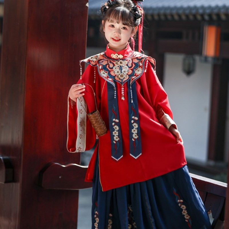 汉服女童明制云肩大袖衫夏款重工刺绣儿童演出服半裙红色国潮风爆图片