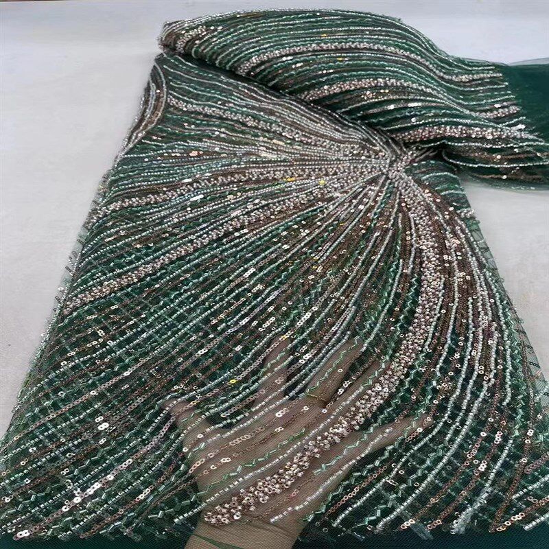 重工斜条纹珠管亮片刺绣网纱面料轻奢设计婚纱礼服演出服面料