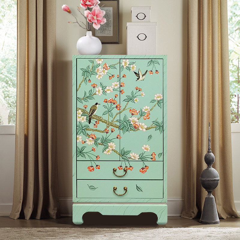 新中式卧室实木衣柜美式田园储物柜家用小户型彩绘玄关柜立柜衣橱