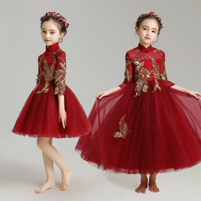 女童公主裙儿童晚礼服花童小女孩蓬蓬纱中式主持人演出服长袖洋气
