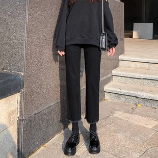 黑色直筒小个子牛仔裤女学生秋冬弹力显瘦宽松修身加绒阔腿九分裤