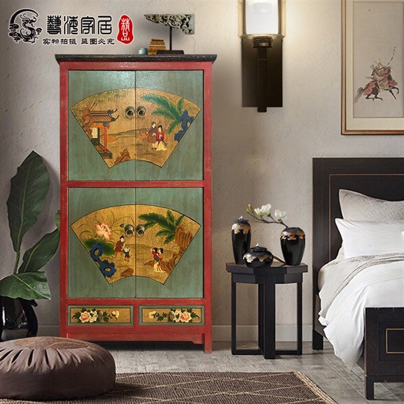 新中式彩绘实木衣柜仿古做旧储物柜明清古典卧室大衣橱小户型定制