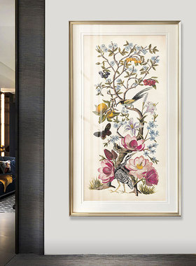新中式装饰画  花鸟植物玄关竖版装饰画单幅过道花卉壁画别墅走廊