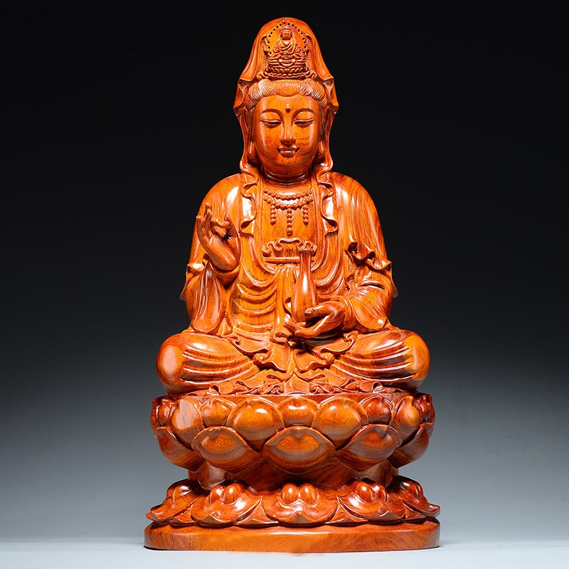 花梨木雕刻观音佛像摆件坐莲观世音菩萨像红木家居客厅装饰工艺品