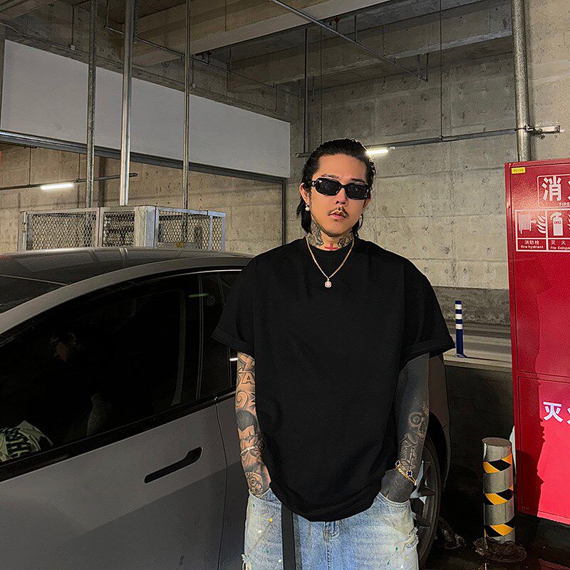 白鹤大大360克重磅纯棉基础纯色打底T恤圆领宽松休闲简约半袖短袖