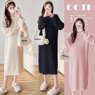 孕妇裙秋装 孕妇装 针织连衣x裙2024新款 简约长袖 怀孕打底裙 秋冬装