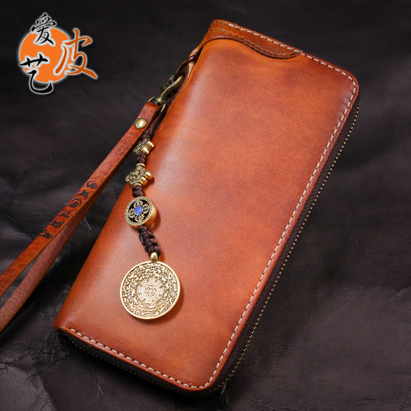 爱皮艺牛皮手工复古钱包男财布植鞣革男士钱夹手机拉链包长款手包