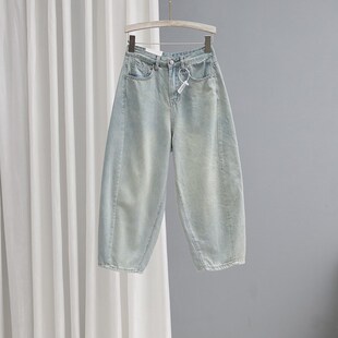 夏季宽松8分牛仔裤女2024新款浅色怀旧老爹裤显瘦百搭哈伦萝卜裤