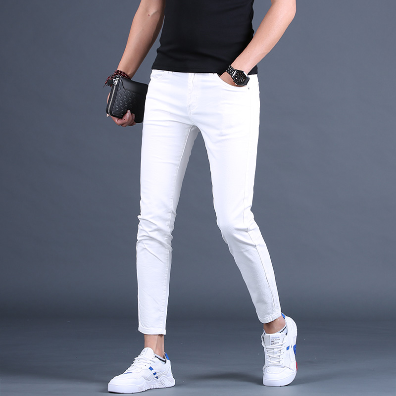 牛仔裤男士九分裤潮牌弹力夏季修身潮流9分小脚休闲百搭白色男裤