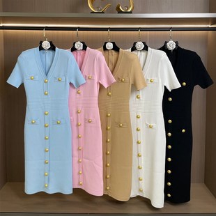 夏季女V领短袖冰丝过膝中长款针织连衣裙收腰显瘦通勤气质包臀裙