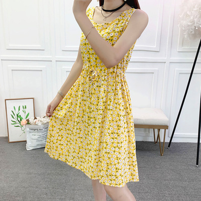 棉绸连衣裙女2020夏季新款韩版短款矮个子碎花显瘦学生人造棉裙子