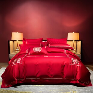 高档欧式 婚庆四件套100支w全纯棉被套新婚床上用品大红色刺绣结婚