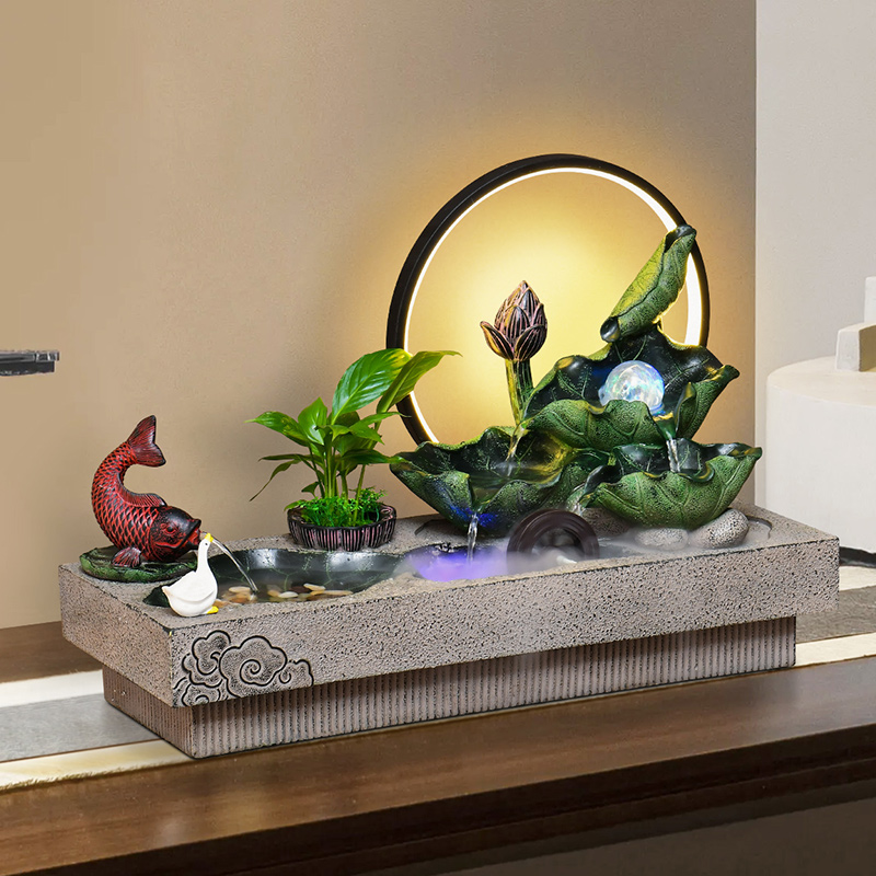 荷花风生水起流水摆件书房造景