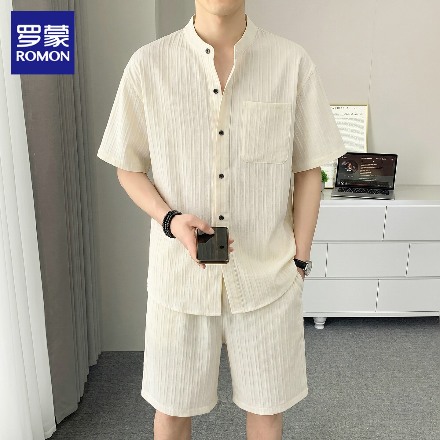 罗蒙短袖衬衫套装男士夏季薄款新中式上衣短裤子穿搭休闲两件套男