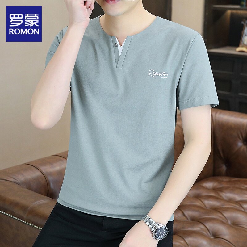 罗蒙夏季短袖t恤男士2026新款冰丝凉感半袖潮流v领体恤上衣服男装