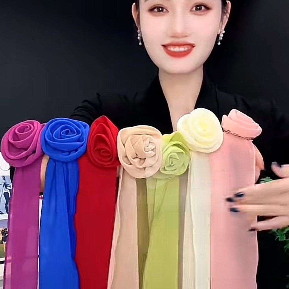 春夏新款纯色雪纺玫瑰领